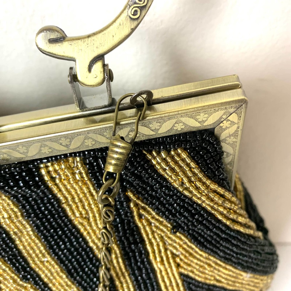 Vintage Gold Black Beaded Evening Purse Party Handbag With Chain Crossbody Strap - Picture 5 of 16